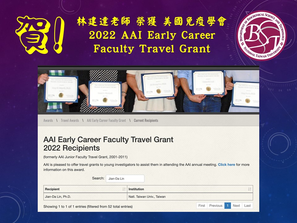 林建達老師 榮獲 美國免疫學會 2022 AAI Early Career Faculty Travel Grant