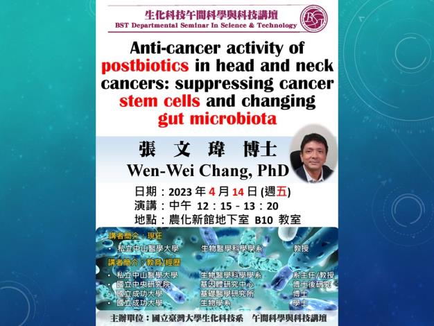 【午間科學與科技講壇】 (4/14/2023) 張文瑋博士-「Anti-cancer activity of postbiotics in head and neck cancers: suppressing cancer stem cells and changing gut microbiota」